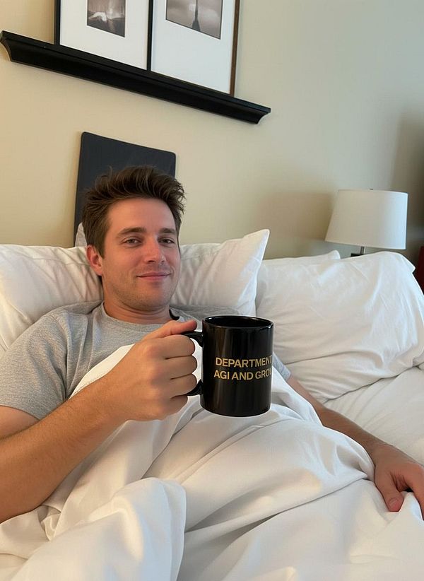 A young man is sitting in bed, holding a coffee mug with text on it.