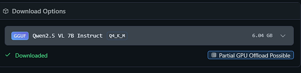 The image displays a user interface for downloading the Qwen 2.5 model with relevant options and status.