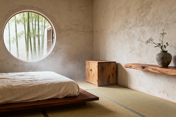 A minimalist Japanese bedroom with a low wooden platform bed dressed in light linen sits on tatami mats. A large circular window frames bamboo stalks outside, casting soft natural light across textured beige plaster walls. A compact wood cabinet stands beside a floating live-edge shelf holding a simple ceramic vase with a single branch. The space is uncluttered and serene, emphasizing natural materials, warm tones, and subtle wabi-sabi textures.