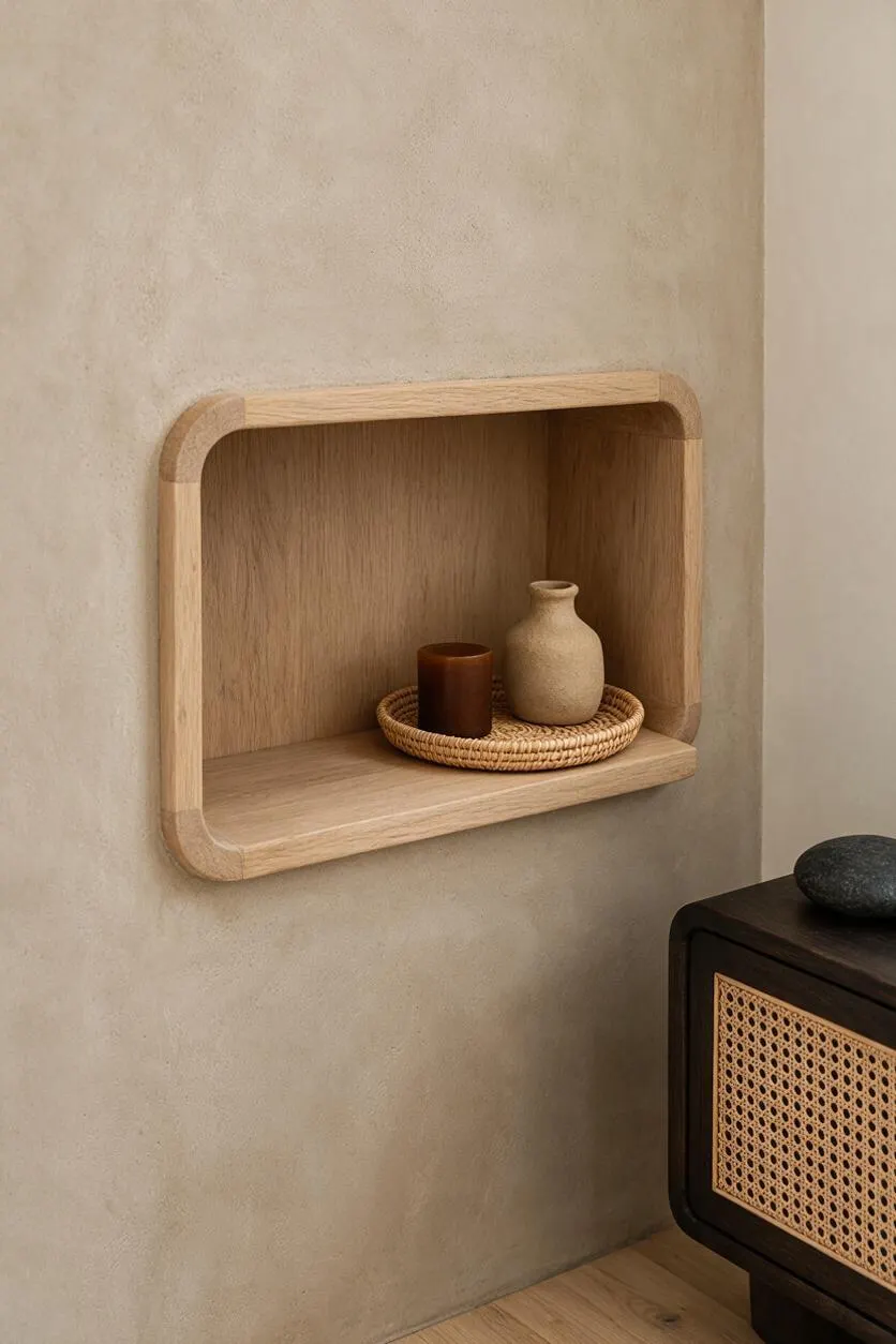 A small recessed wall niche with rounded corners is built into a textured beige plaster wall. Inside sits a light oak shelf holding a woven tray, a small brown cup, and a matte ceramic vase, while a dark wood cabinet with a cane front appears at the lower right.