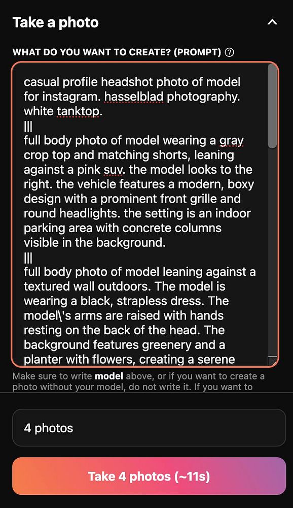 The image displays a user interface for taking photos with detailed prompts for model photography.