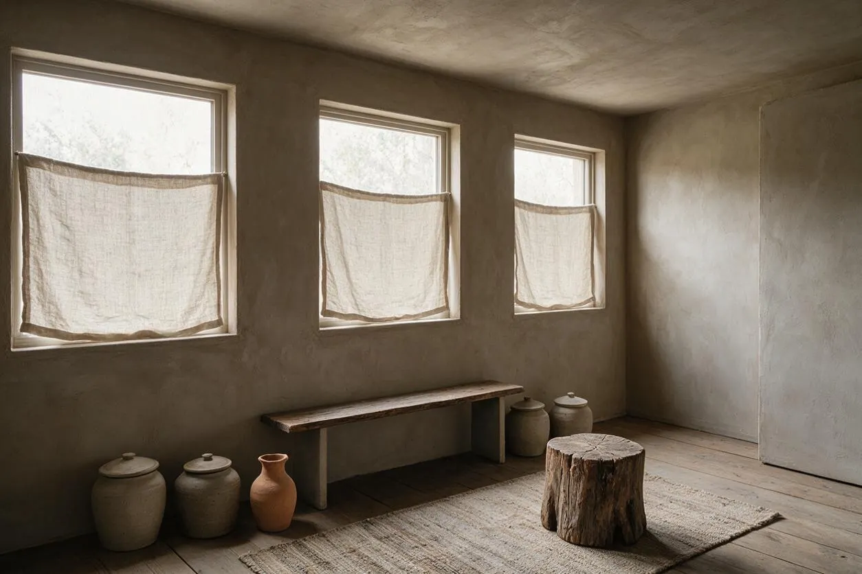 A muted sunroom with three small windows filtered by sheer linen curtains, plastered walls, and a weathered wood stump used as a low table or stool. A simple wooden bench sits against the wall beside several ceramic jars, all arranged on a textured neutral rug under soft natural light.