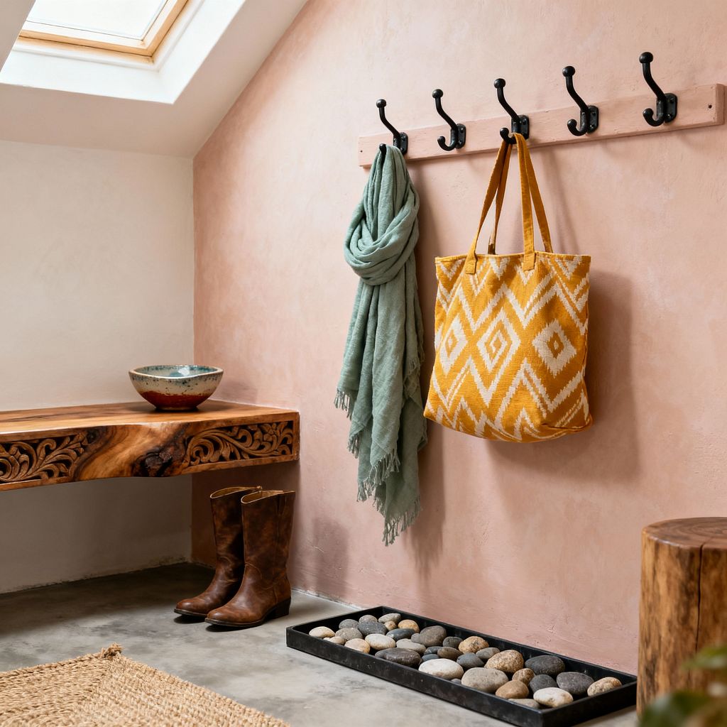A light-filled mudroom with a blush pink plaster wall features a live-edge, carved wooden bench topped with a small glazed ceramic bowl, and a pale wood rail with matte black hooks holding a sage scarf and a mustard-yellow ikat tote. On a smooth gray concrete floor sit leather boots, a pebble-filled boot tray, a woven jute rug edge, and a tree-stump stool, all under a skylight that enhances the space’s warm, bohemian textures.