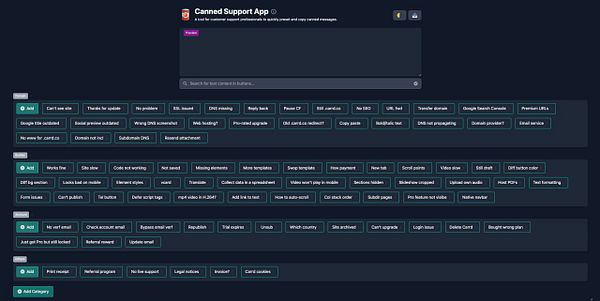 The image displays the interface of the Canned Support App, showcasing various preset messages for customer support.