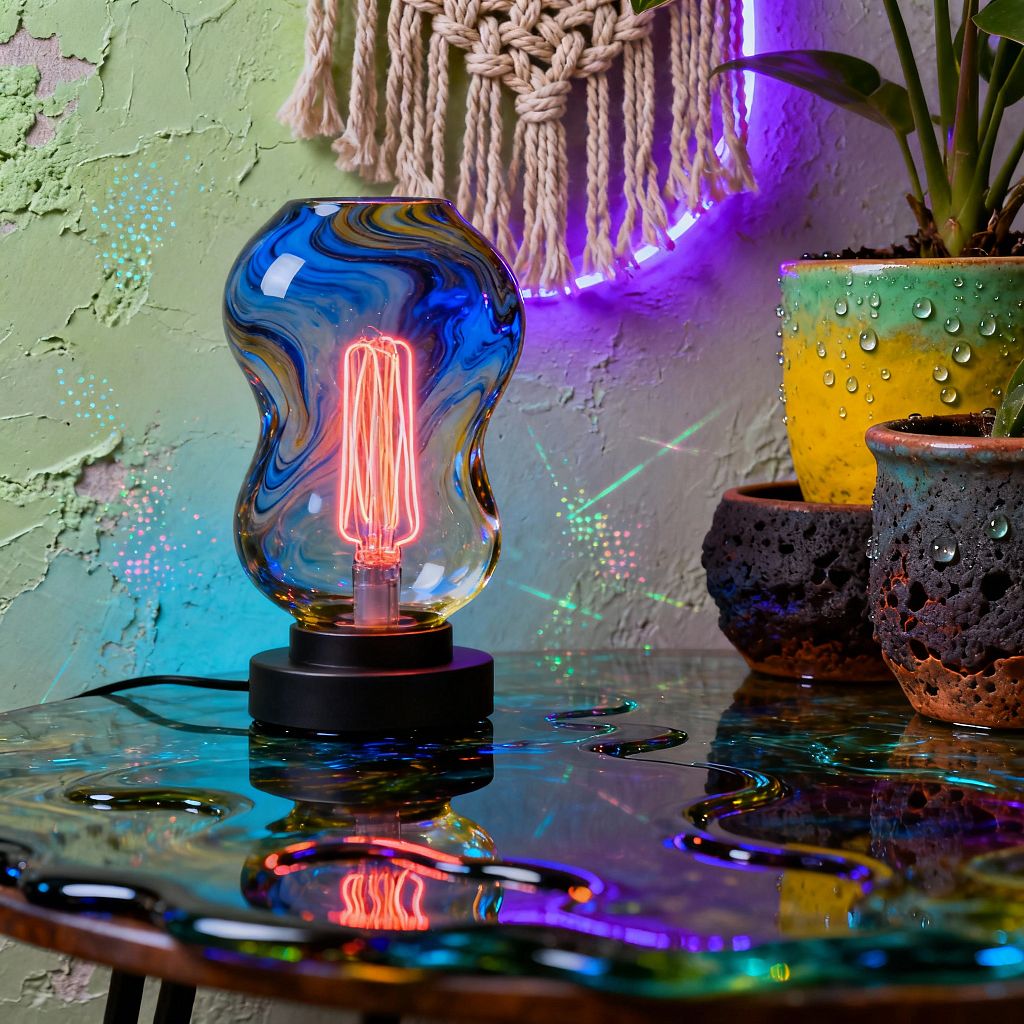 A close-up of a psychedelic patio vignette shows a sculptural hand-blown glass lamp with marbled blue and amber swirls and a neon-pink filament on a black base, sitting on a glossy epoxy table with puddle-like contours that reflect rainbow light. Behind it, a rough lime-washed wall holds a cotton macramé hanging haloed by a purple LED ring, while gradient-glazed and lava-textured planters dotted with water droplets cradle leafy plants.