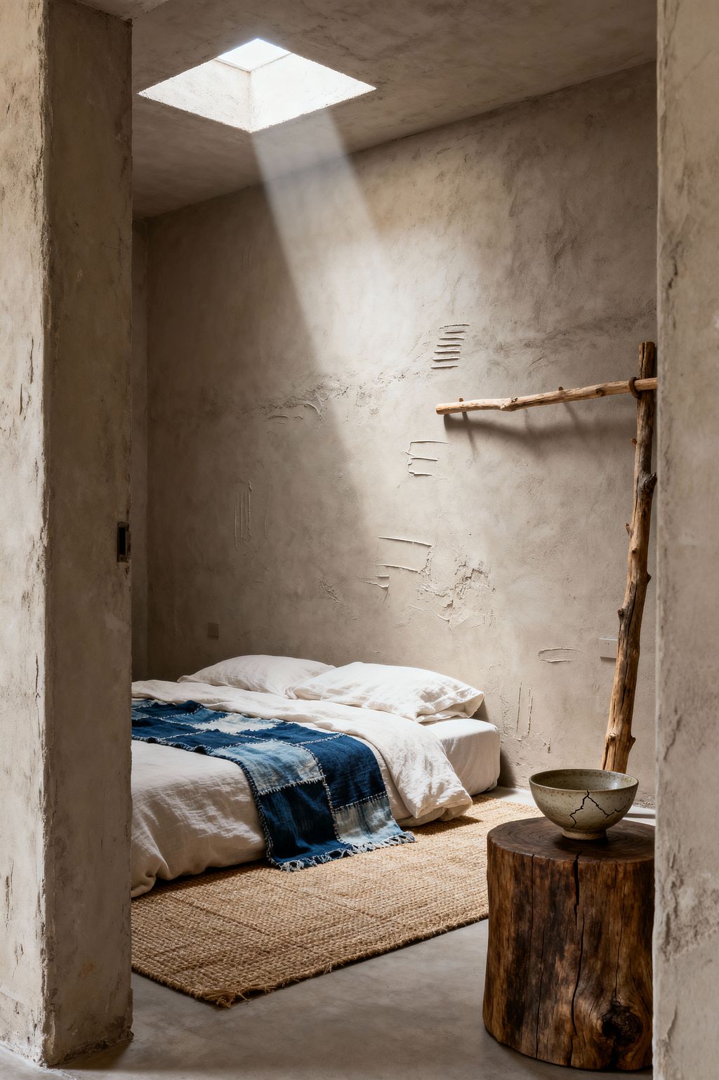 A small minimalist bedroom with raw, textured plaster walls and a square skylight that sends a beam of daylight onto a low bed. The bed, dressed in off-white linen with a blue indigo patchwork throw, sits on a natural jute rug over a smooth concrete floor; a rustic log stump serves as a nightstand with a cracked ceramic bowl, and a simple branch fixed to the wall functions as a rail, emphasizing natural materials and deliberate imperfections.