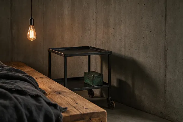 A dimly lit industrial bedroom vignette with a rough concrete wall, a warm Edison bulb hanging overhead, and a black metal rolling side table beside a thick reclaimed wood bed frame. Dark bedding and a small green metal box add to the moody, utilitarian feel.