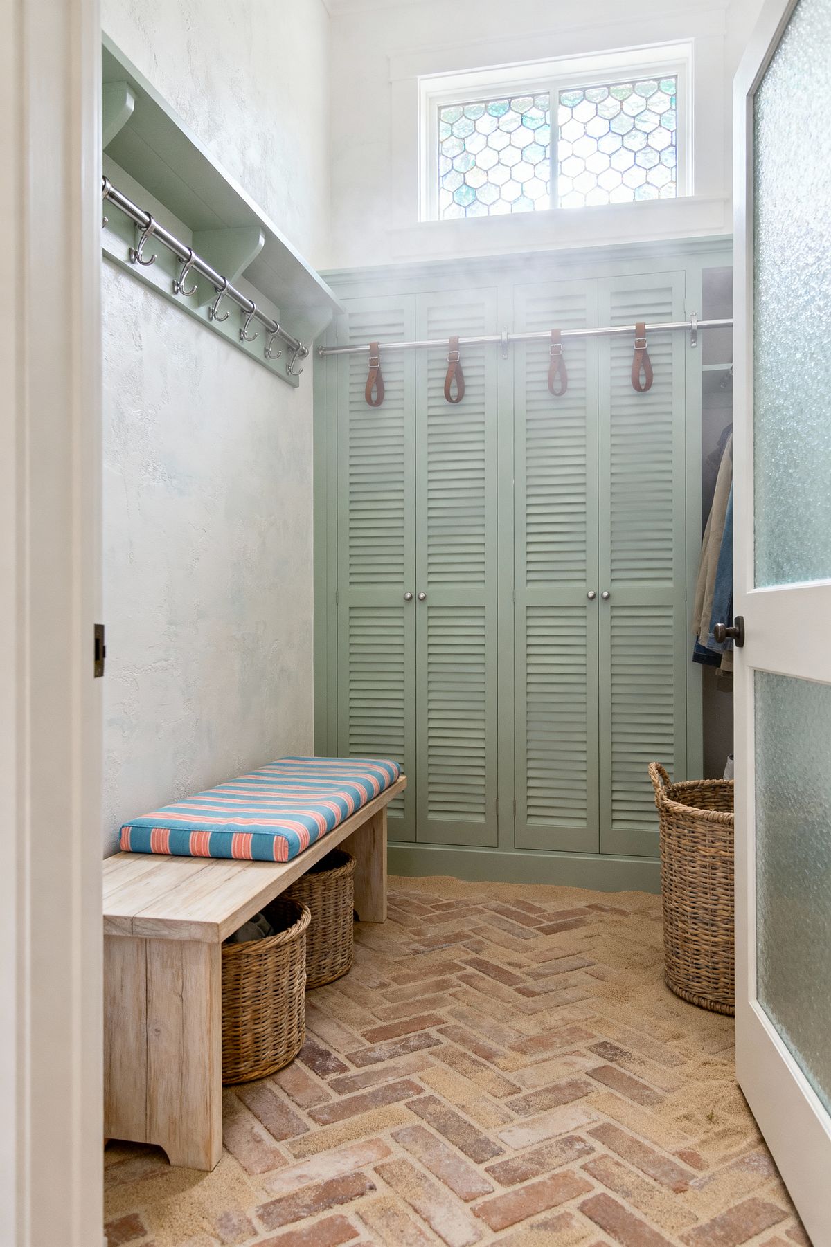 Room AI – Seafoam Shuttered Mudroom with Herringbone Brick - Interior