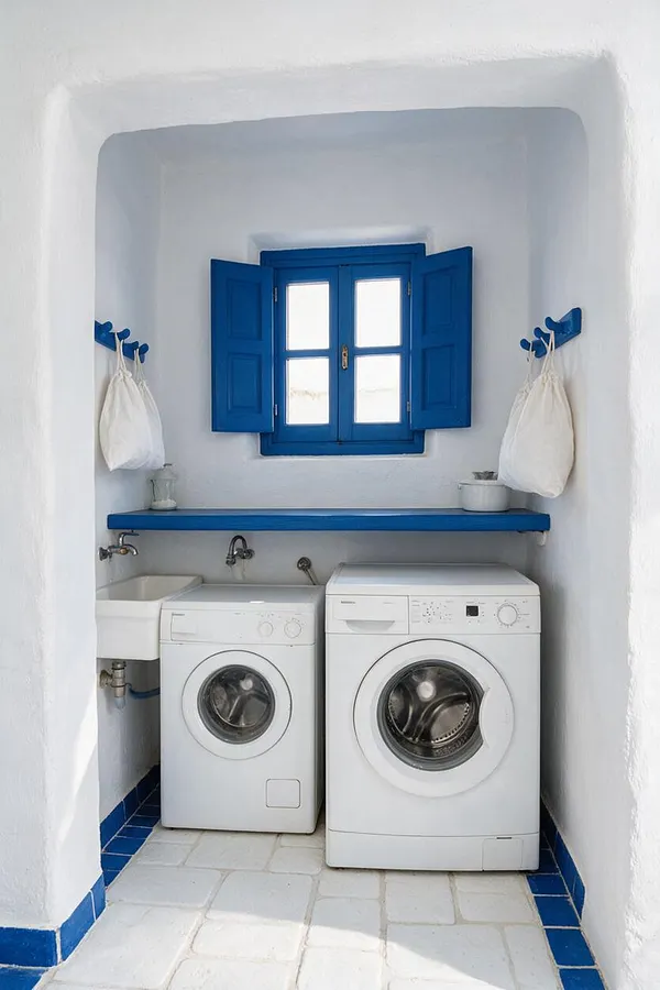 A compact Mediterranean-style laundry room with white plaster walls, a bright cobalt-blue window and shelf, and two white front-loading machines beneath. Blue tile trim lines the floor edges, and white hanging storage bags add a simple rustic touch.