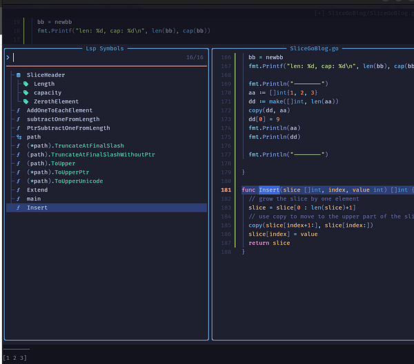 The image displays a code editor interface showing a Go programming file with a focus on a function definition and a symbol list.