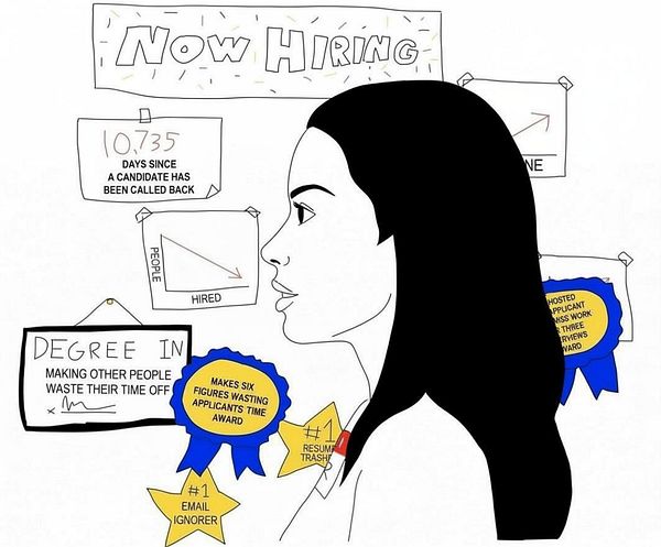 The image features a stylized profile of a woman alongside humorous and satirical elements related to job hiring and recruitment.