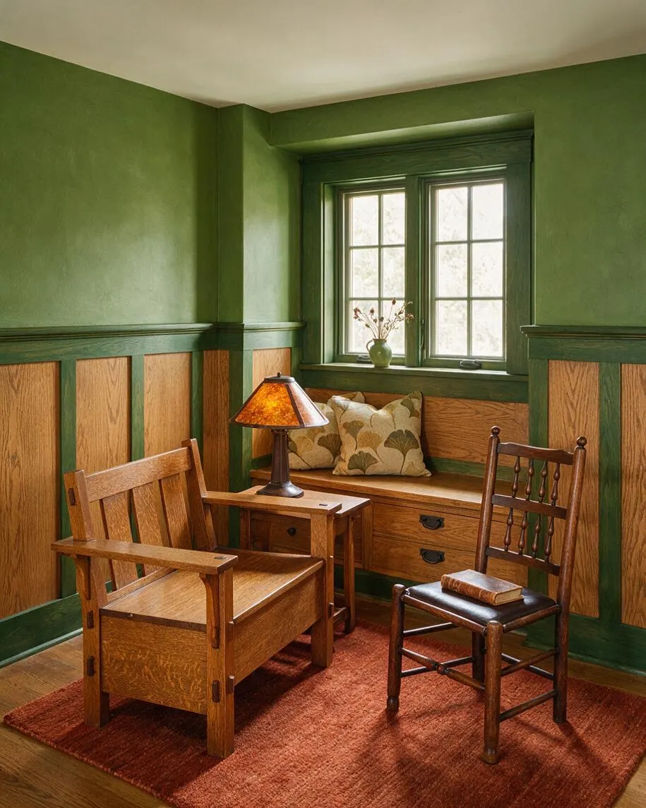 A compact Craftsman-style living room nook with deep green walls, oak wainscoting, and built-in bench seating under a multi-pane window. Two wooden chairs, a warm amber table lamp, patterned cushions, and a rust-colored rug create a cozy, handcrafted feel.