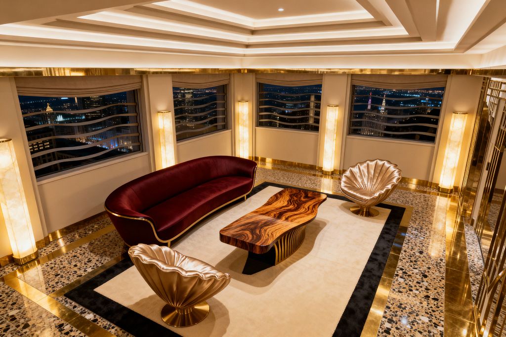 An Art Deco living room with a deep burgundy velvet curved sofa edged in brass, two champagne-gold scallop lounge chairs, and a sculptural coffee table featuring a richly figured wood top on a ribbed brass base. A large cream rug with a black border sits over terrazzo flooring with polished brass trim. Stepped ceilings with cove lighting and tall alabaster column lamps create warm illumination, while brass-trimmed windows with wave-pattern grills reveal a nighttime city view.
