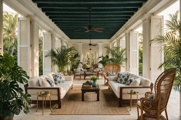 A long covered tropical backyard veranda with white columns, louvered shutters, and a dark green ceiling with ceiling fans. The space is furnished with cream sofas, wicker chairs, woven rugs, brass side tables, and abundant potted palm plants, with lush tropical greenery visible beyond the open sides.