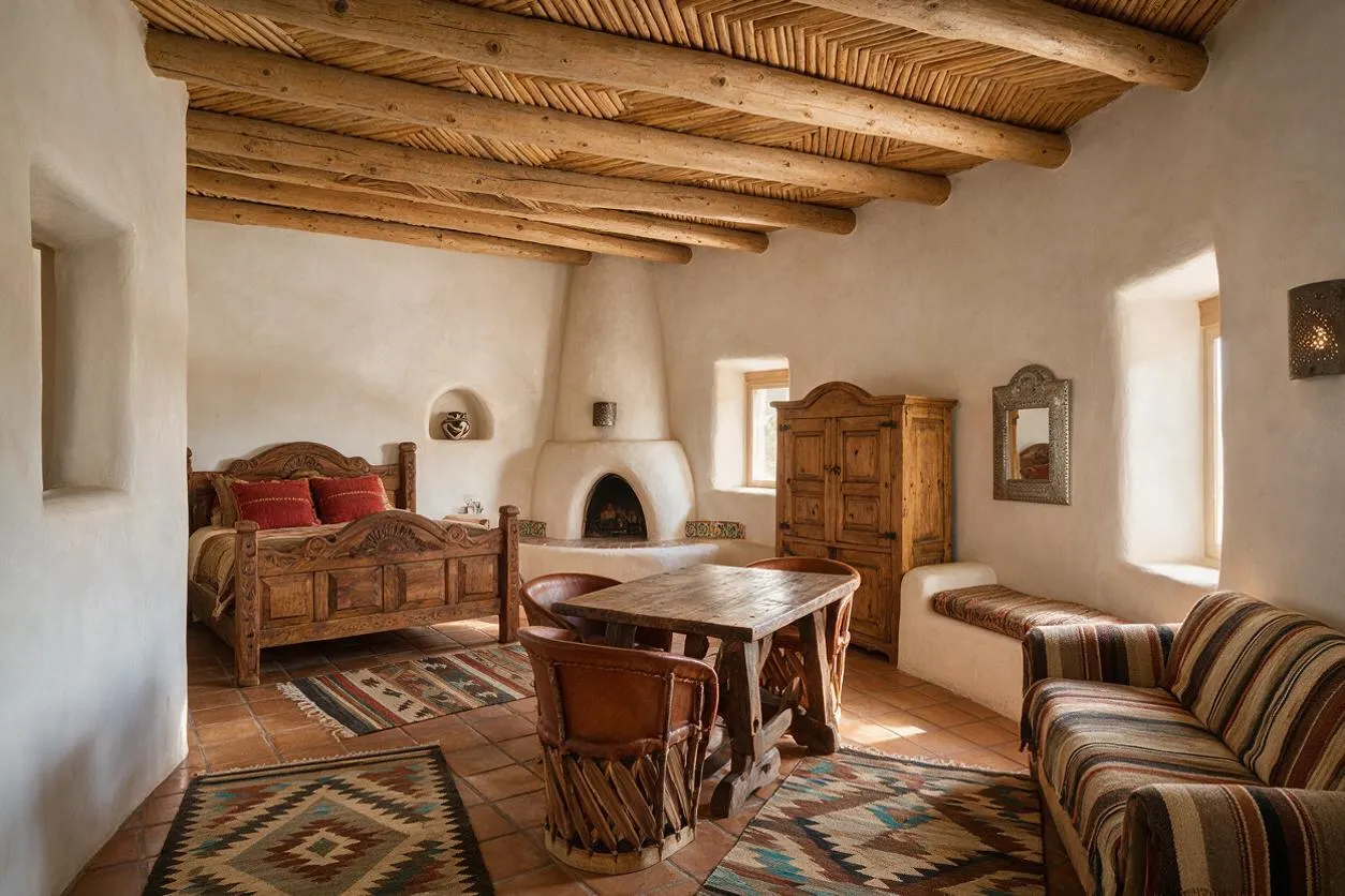 A Southwestern-style guest bedroom with a carved wooden bed, exposed log ceiling beams, white adobe walls, and a built-in fireplace centered on the back wall. The room includes a wooden wardrobe, patterned rugs, a striped upholstered sofa, leather chairs, and terracotta tile flooring in warm earthy tones.