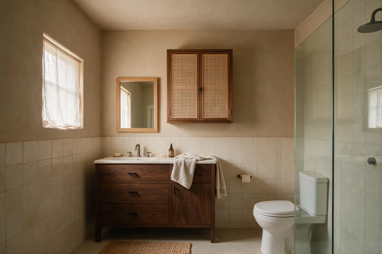 A serene Japandi bathroom with a dark wood vanity, white sink top, and woven cane cabinet doors beneath a small wood-framed mirror. Beige tiled walls, a soft sheer window covering, a glass shower enclosure, and a white toilet create a calm, natural palette.