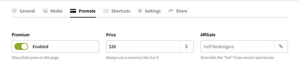 The image shows a promotional settings interface with options for premium, price, and affiliate link settings.