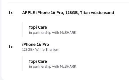 A list of ordered iPhones with specifications and care options.