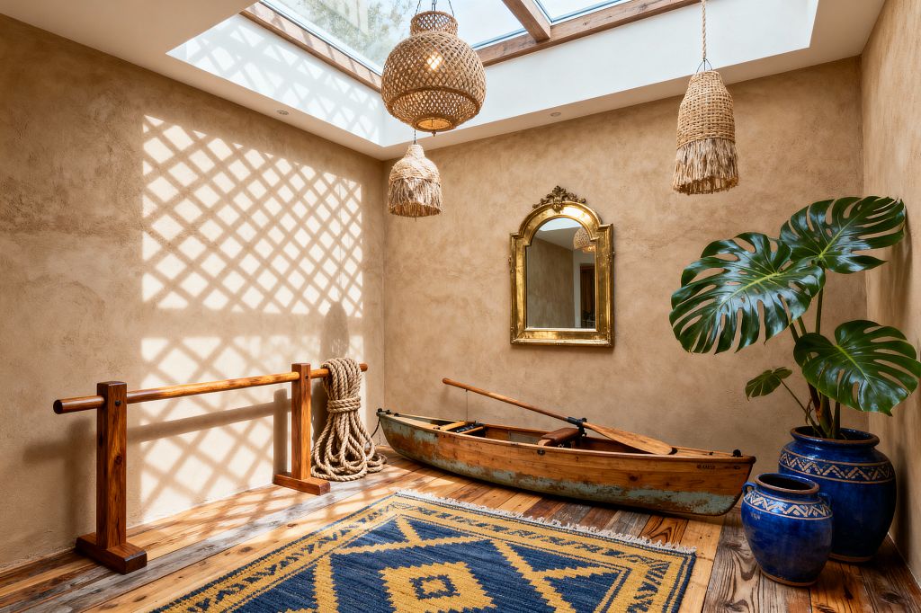 A sunlit home gym with lime-plaster walls sits beneath a large skylight that casts lattice shadows onto a reclaimed wood floor. A wooden ballet barre with a coiled rope stands beside a vintage wooden rowboat, a gold-framed mirror, woven rattan pendant lights with raffia fringe, a blue and mustard geometric wool rug, and cobalt-glazed planters holding a lush monstera, creating an earthy Bohemian space for stretching and mindful movement.