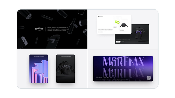 The image showcases a sleek design layout for Morflax Studio, featuring various design elements and product mockups.