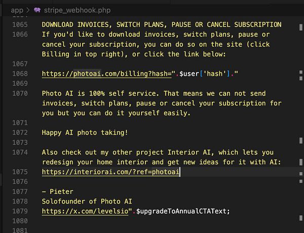 The image displays a code snippet from a PHP file related to subscription management for a service called Photo AI.