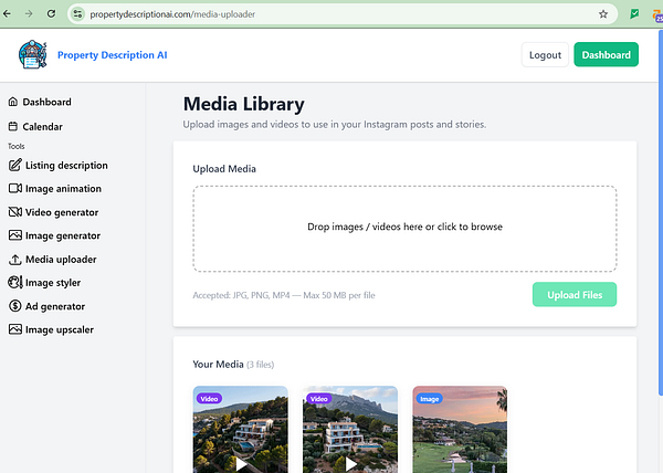 Screenshot of a web interface showing a form section with media upload options and scheduling features for property descriptions.