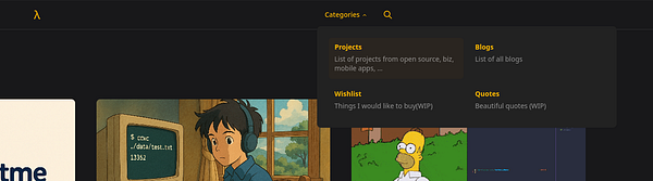 The image displays a navigation menu for a blog interface with various categories and a background featuring animated characters.