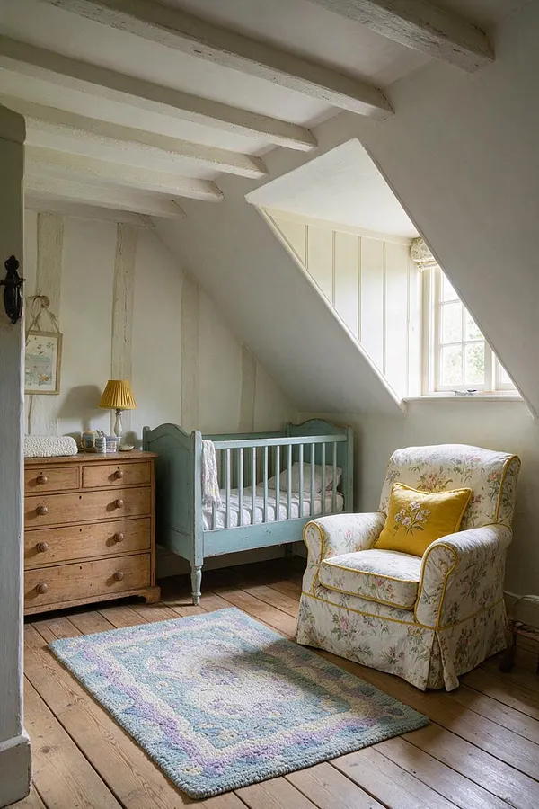 A cozy cottagecore nursery with exposed white ceiling beams, sloped walls, and a small multi-pane window. The room includes a pale blue crib, a floral slipcovered armchair with yellow trim and a matching accent pillow, a natural wood dresser with a yellow lamp, and a soft pastel rug over wide plank wooden floors.