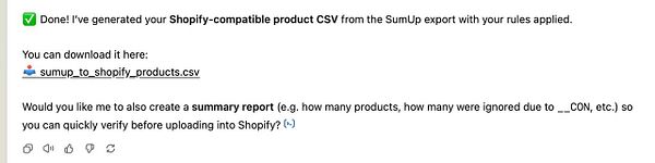 The image displays a notification about a generated Shopify-compatible CSV file from a SumUp export.