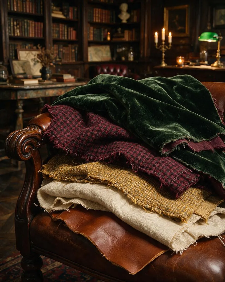 A stack of richly textured fabrics drapes over a brown leather wingback chair in a dim, book-lined study. Behind it are dark wooden shelves filled with old books, brass candlesticks, and a green banker’s lamp, creating a moody Dark Academia atmosphere.