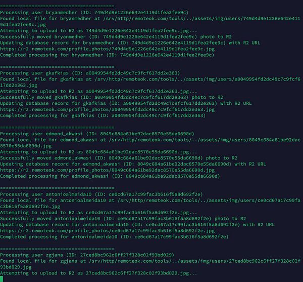 The image displays a terminal output showing the process of transferring user profile photos from a VPS to R2 storage.