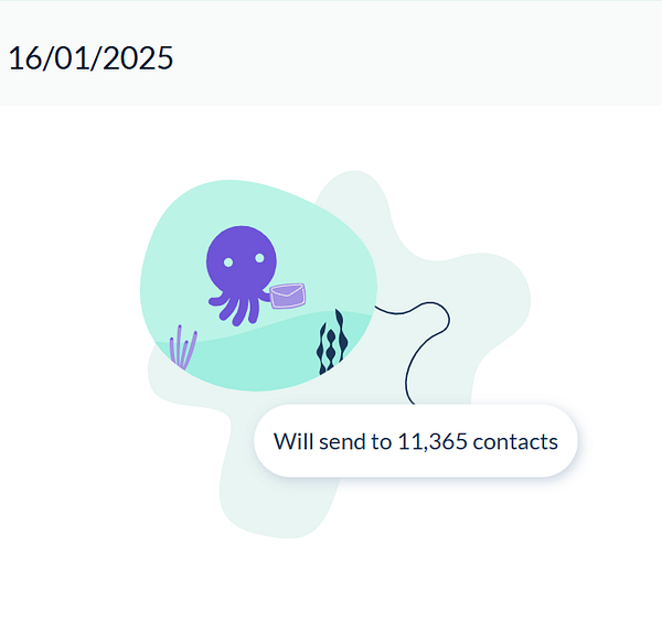 An illustration featuring an octopus preparing to send a newsletter to a large number of contacts.