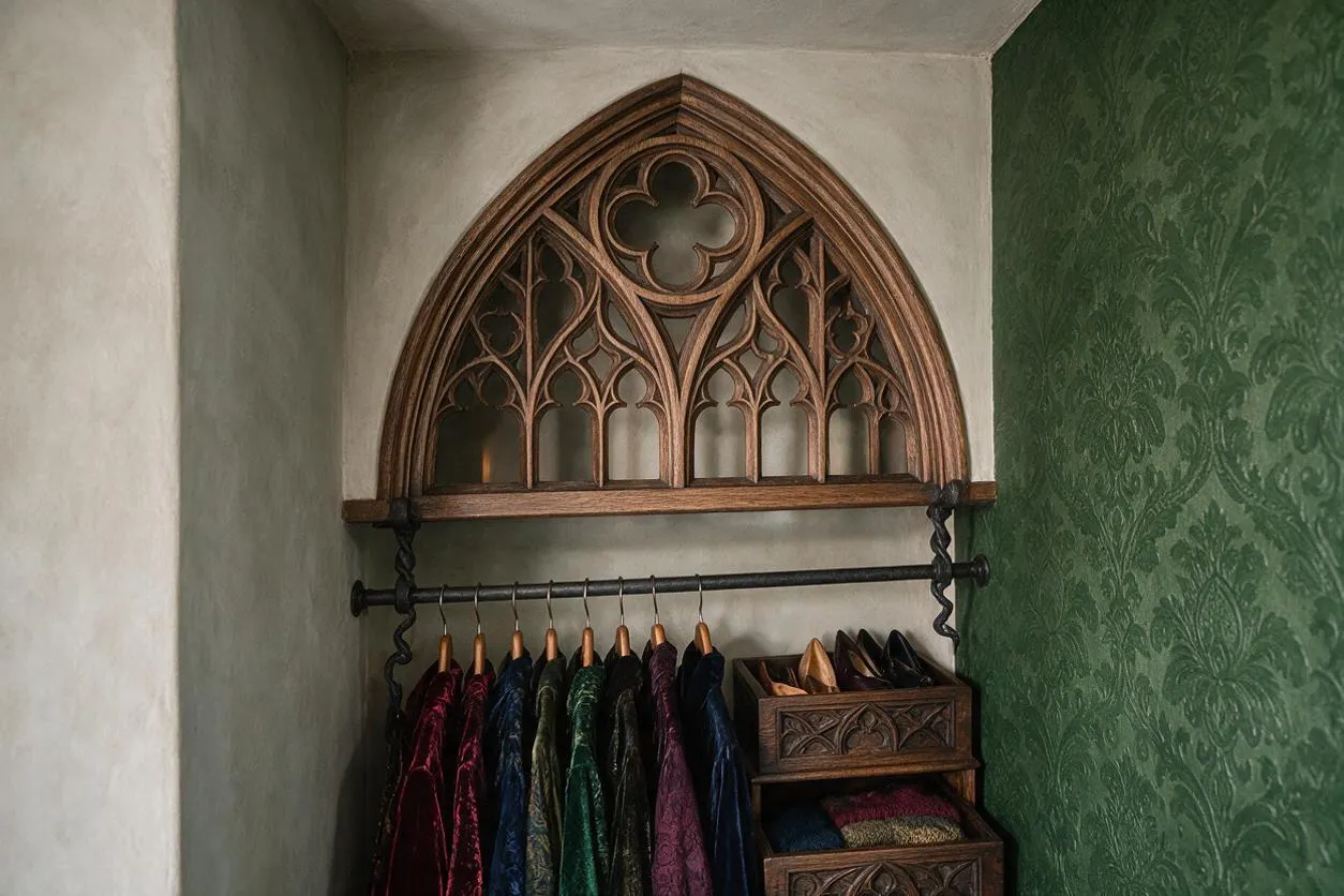 A narrow closet with a pointed Gothic wood arch above a clothing rod. Velvet garments in rich jewel tones hang neatly below, while carved wooden drawers and a green damask wallpaper accent wall add a moody, historic feel.