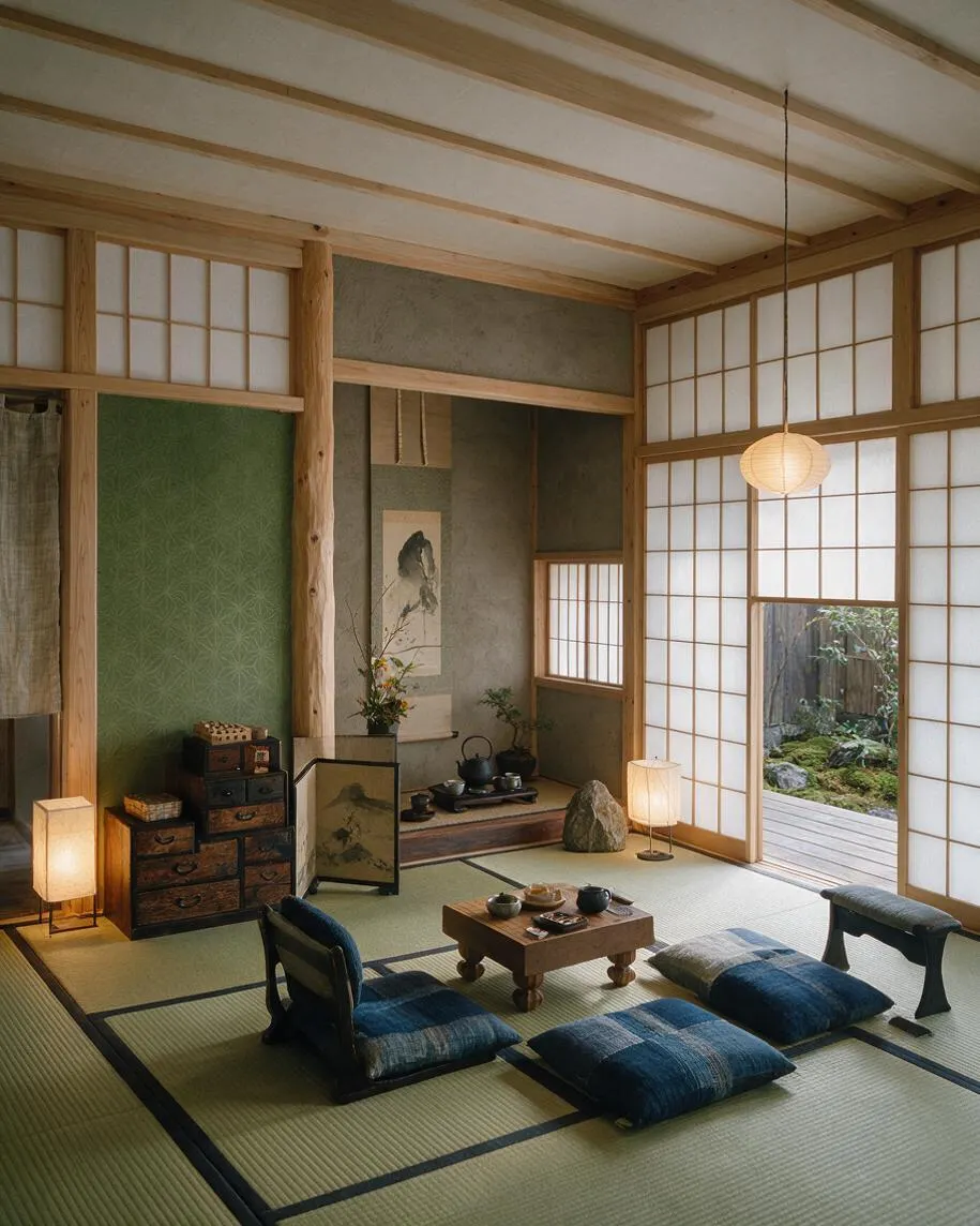 A calm Japanese-style game room with tatami flooring, low wooden seating, and a small central tea table. Shoji screens line the walls, warm paper lanterns glow softly, and a garden is visible through an open sliding door.