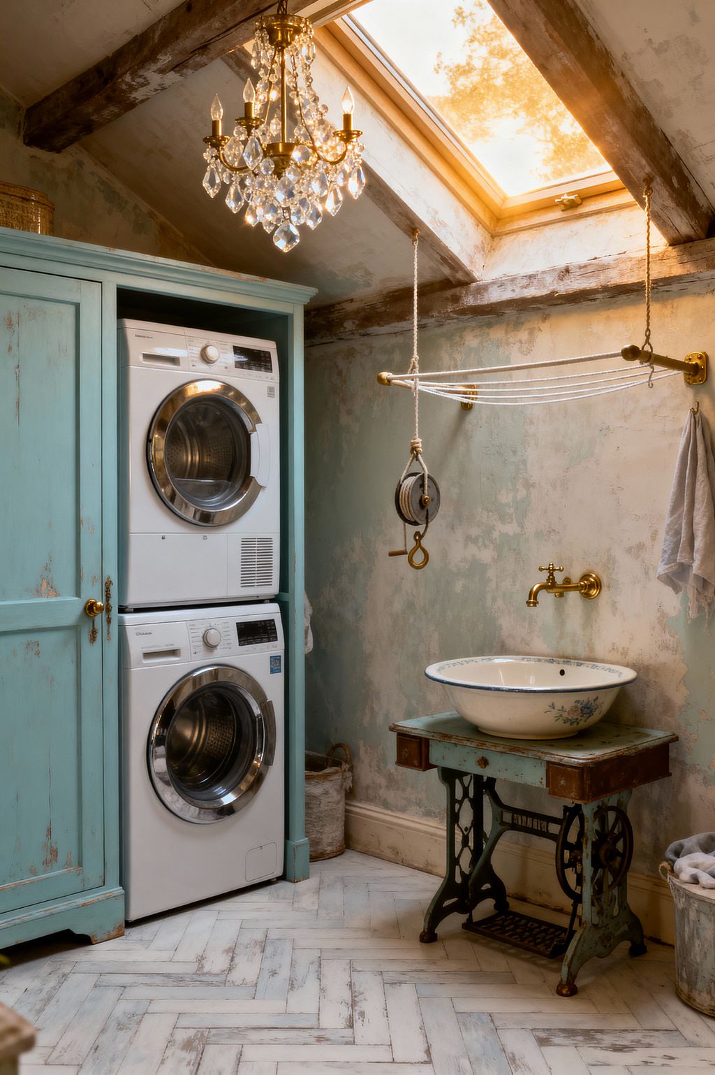 An attic laundry room with a skylight shows a stacked white washer and dryer enclosed in a distressed duck-egg blue cabinet. To the right, an antique sewing-machine base forms a vanity with a round floral ceramic basin and brass wall-mounted faucet. A crystal chandelier hangs from rustic exposed beams, and a rope-and-pulley drying rack is fixed to mottled sage-and-cream plaster walls above a whitewashed herringbone wood floor.