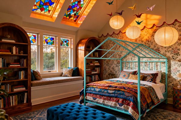 A children’s bedroom features a turquoise house-frame bed layered with multicolored quilted bedding against vintage floral wallpaper with a scalloped red trim. Arched walnut bookcases and a cushioned window seat sit below windows and skylights inset with jewel-toned stained glass. Three round paper lanterns glow overhead with hanging origami cranes, while a tufted blue ottoman and patterned blue rug anchor the warm, inviting space.