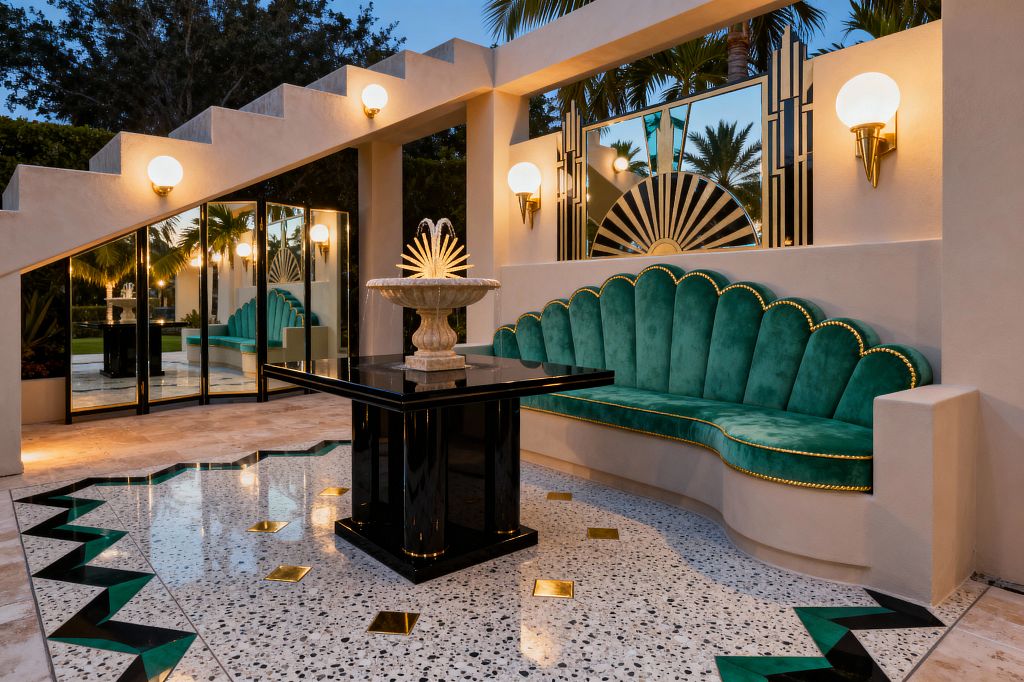 A glamorous Art Deco patio at dusk features a curved built-in banquette upholstered in emerald velvet with a scalloped shell back and gold piping. A glossy black pedestal table supports a small carved stone fountain. The floor is white terrazzo with brass square inlays and a green-and-black zigzag border. Fan-motif mirrors and globe brass sconces line cream stucco walls and a stepped pergola, while black-framed glass doors reflect palm trees beyond.