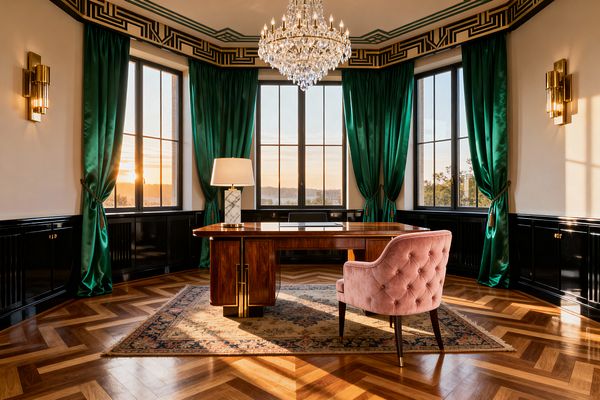 A vintage-glam home office features tall black-framed windows with emerald drapes, a polished walnut desk with brass detailing, and a blush tufted velvet chair. A crystal chandelier, brass wall sconces, black lacquered paneling, and a Greek key cornice crown the room above an oak herringbone floor and a faded Persian-style rug, while a marble-base table lamp and sunset light add warmth and sparkle.