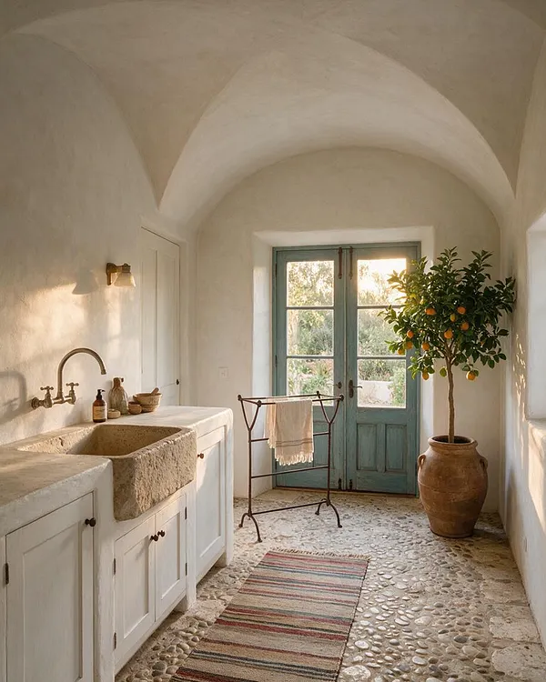 A Mediterranean-style laundry room with a vaulted arched ceiling, white plaster walls, and a pale blue double door at the far end. A rustic stone sink and white cabinetry line the left wall, while a potted citrus tree, a metal drying rack, and a striped woven rug add warmth and texture.