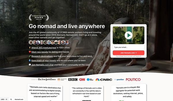 The image displays a promotional webpage for a community aimed at remote workers and digital nomads.