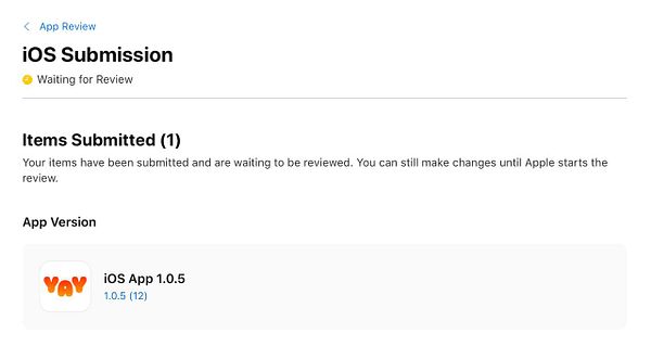 The image displays an iOS App Submission interface indicating a waiting status for review.