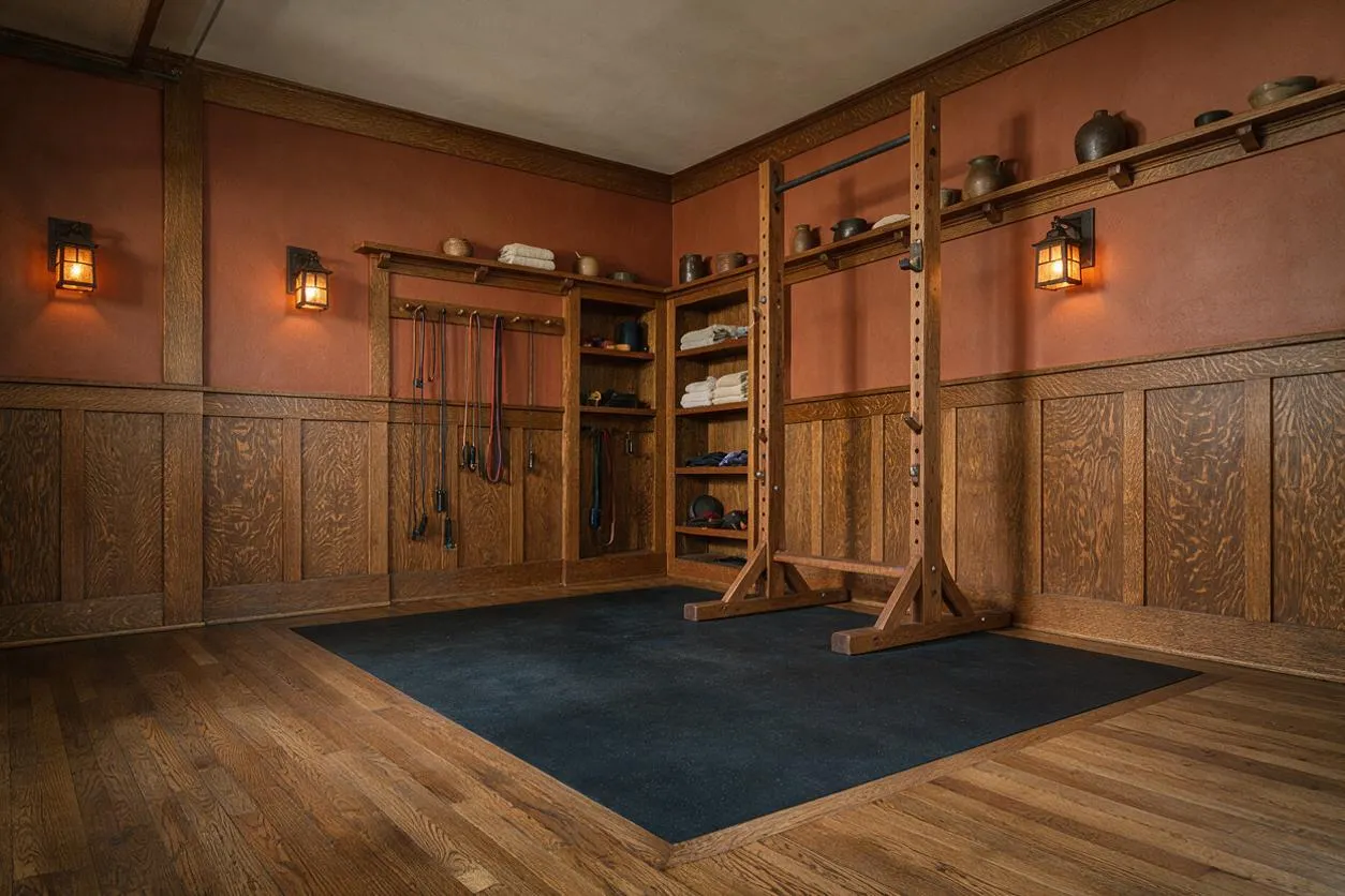 A Craftsman-style home gym with wood-paneled walls, terracotta upper walls, and a warm wood floor surrounding a black exercise mat. Built-in shelving stores towels, weights, and equipment, while wall sconces cast a soft amber glow.