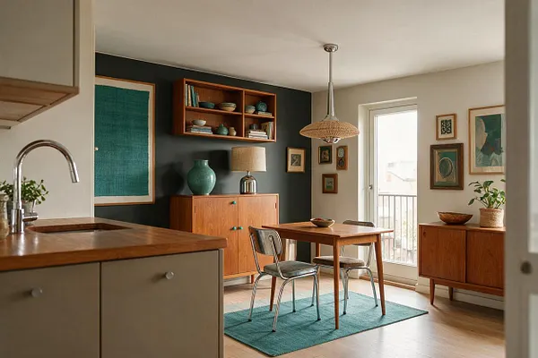 A warm eclectic dining room with a small wood dining table and two metal-framed chairs on a teal area rug. The room features a dark accent wall with framed art, wood storage cabinets, a woven pendant light, and a bright glass door bringing in natural light.