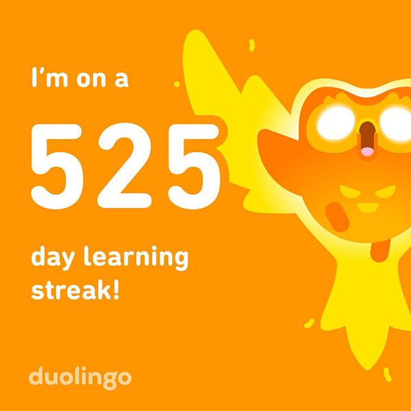 A vibrant graphic celebrating a 525-day learning streak on Duolingo.