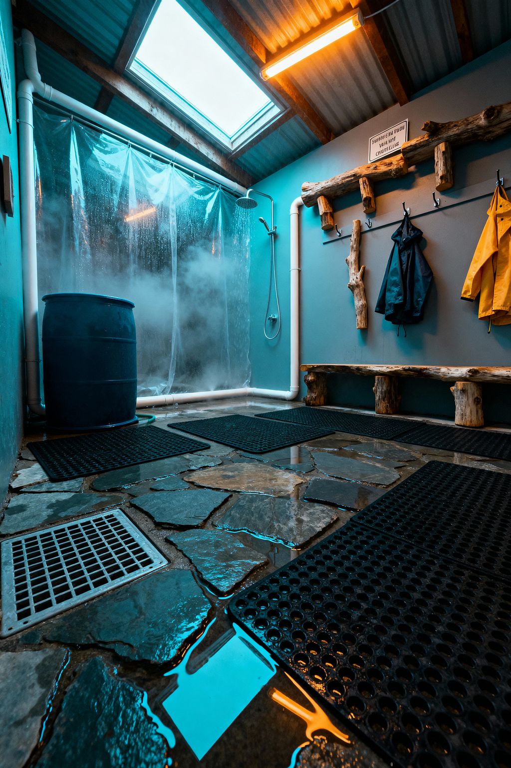 A rugged mudroom with a wet flagstone floor, black rubber mats, and metal drains faces a makeshift shower corner sealed by a clear plastic curtain, with steam rising under a skylight in a corrugated metal roof. Exposed white PVC pipes feed a wall-mounted shower head and a blue water barrel stands nearby, while a rough log bench and branch hooks on teal walls hold yellow and black rain jackets, lit by cool daylight and a warm fluorescent tube.