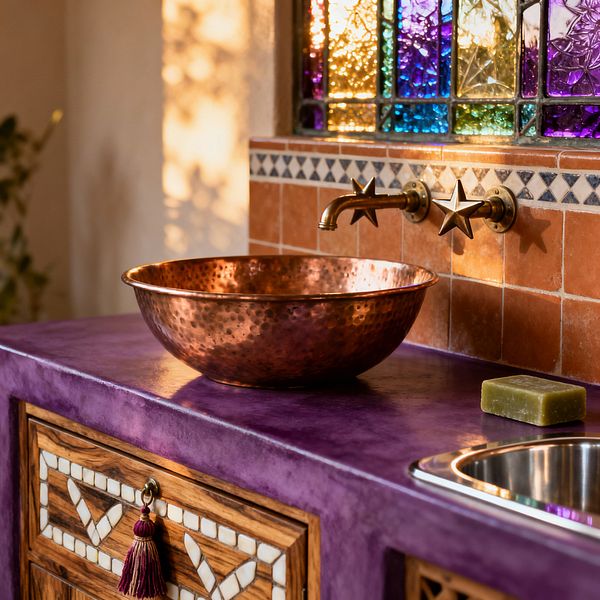 A Moroccan-style laundry room vignette shows a hammered copper vessel bowl on a deep purple plaster counter beneath a wall-mounted brass spout with star-shaped handles and a backsplash of warm terracotta tiles with a blue-and-white border. To the right is a stainless-steel sink; in front sits a wood drawer with white mosaic inlay and a burgundy tassel, while jewel-toned stained glass above casts colorful light across the surfaces.