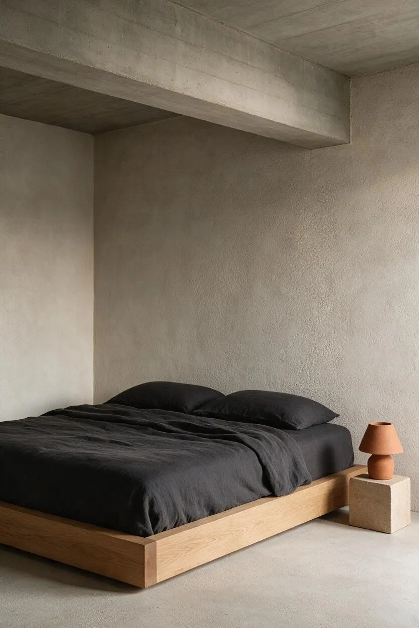 A minimalist bedroom with a low oak platform bed dressed in black bedding, set against textured plaster walls and a raw concrete ceiling beam. A small terracotta table lamp sits on a cube stone side table beside the bed, creating a warm contrast.
