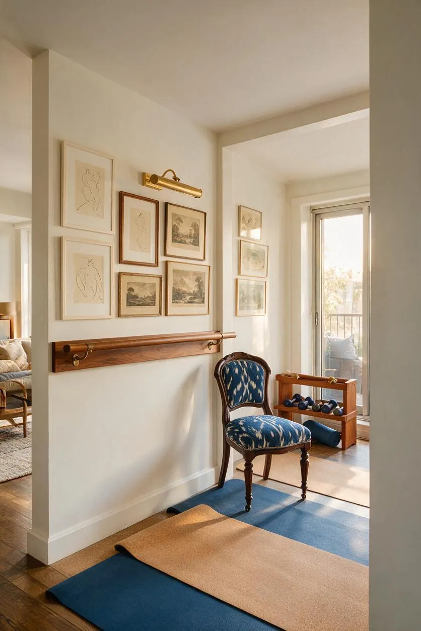A bright home gym with layered blue and tan exercise mats on a wood floor, a vintage upholstered chair, and a wooden dumbbell rack near a glass door. The walls are decorated with framed artwork and a brass wall light, creating a stylish eclectic feel.