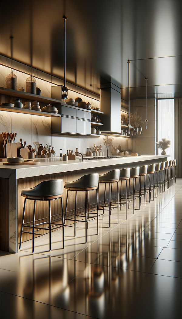 a row of stylish counter stools lined up along a modern kitchen counter, showcasing different styles and materials