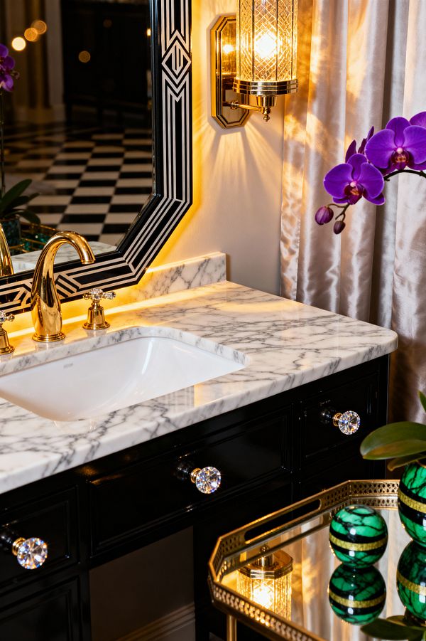 A Hollywood Regency bathroom vignette shows a glossy black vanity with a white undermount sink set in a gray‑veined marble top, finished with crystal knobs and a polished brass faucet. A geometric black-and-white Art Deco mirror glows with backlighting beside a brass-and-cut-glass sconce; champagne satin drapery, a black-and-white checkerboard floor, a mirrored tray table with malachite-green spheres, and a purple orchid add layers of shine and color.